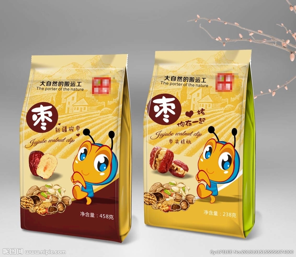 枣加核桃卡通包装袋 萌趣设计与健康美味的完美结合